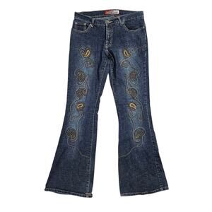 Y2k Low-Rise Flared Jeans Paisley Embroidery Dark Wash - Size 7